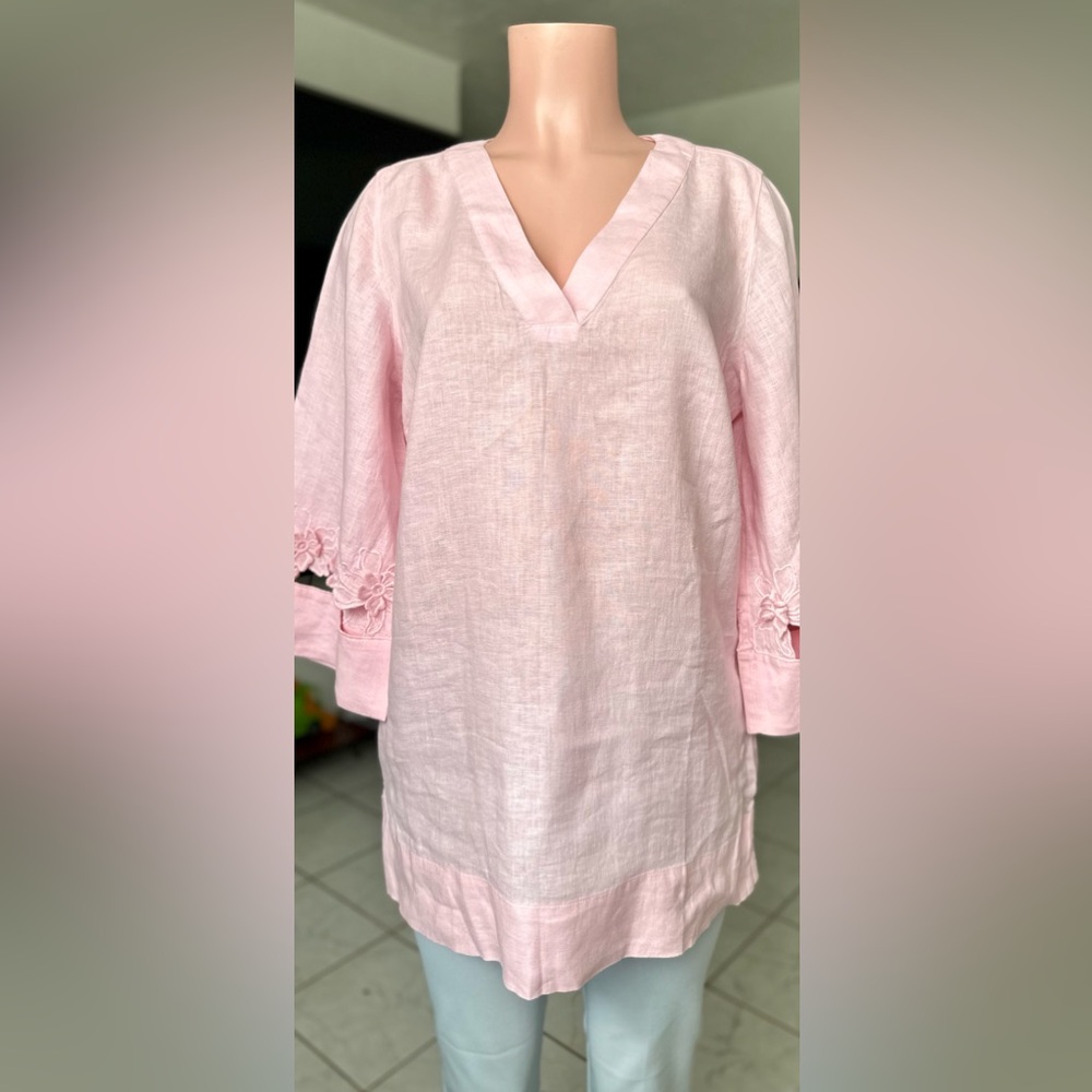 Soft Pink V-Neck  Charter Blouse 100%LINEN